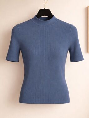 Short Sleeve Ribbed Mock Neck Tee - Blue